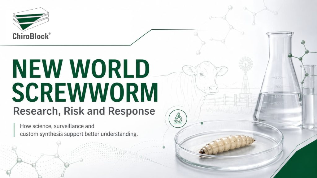 ChiroBlock header graphic on New World screwworm research, showing a screwworm larva in a Petri dish, laboratory glassware and cattle.