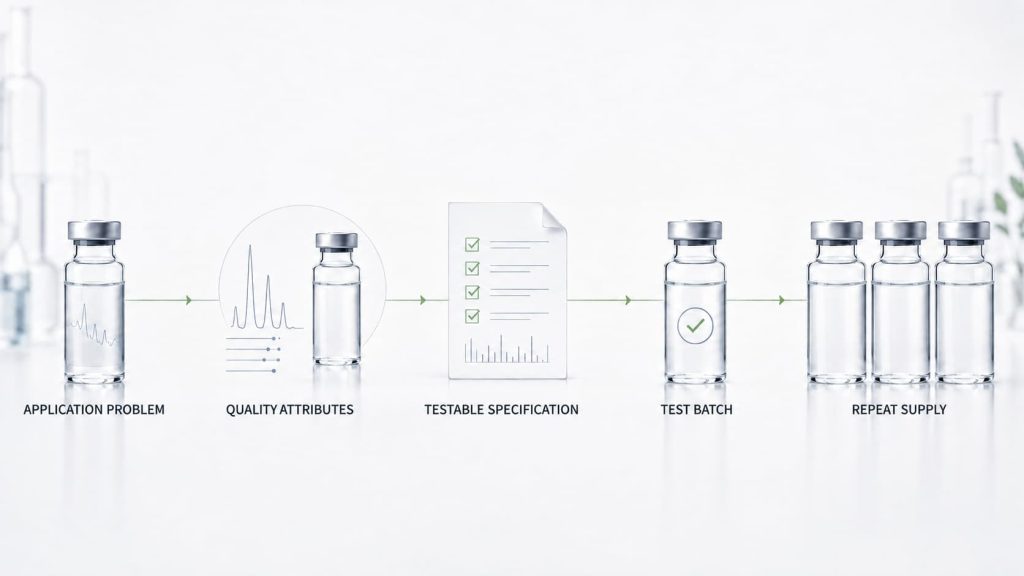 Five-step workflow from an application problem through quality attributes and a testable specification to a test batch and repeat supply