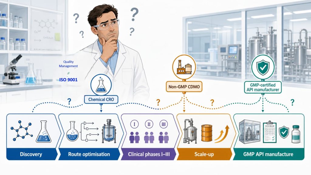 API development stages linked to a chemical CRO, non-GMP CDMO and GMP-certified API manufacturer