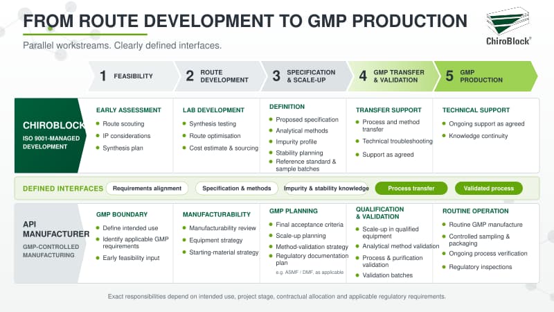 Roadmap dividing route development and scale-up tasks between a chemical CRO and GMP manufacturer
