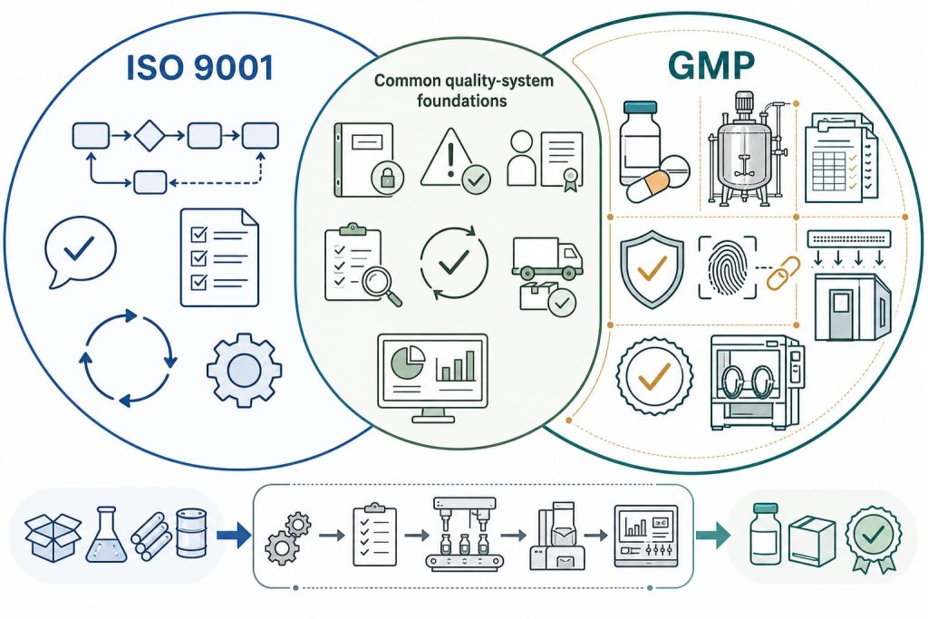 Comparison of ISO 9001 quality management and GMP requirements for regulated manufacturing