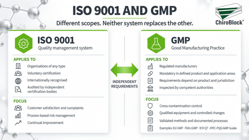 Comparison of ISO 9001 and GMP showing their different scopes, independent requirements and principal quality and manufacturing focuses