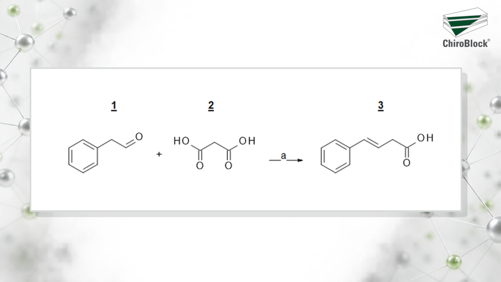 Reaction scheme showing an aldehyde and malonic acid converted into the target unsaturated carboxylic acid by a Knoevenagel–Doebner condensation
